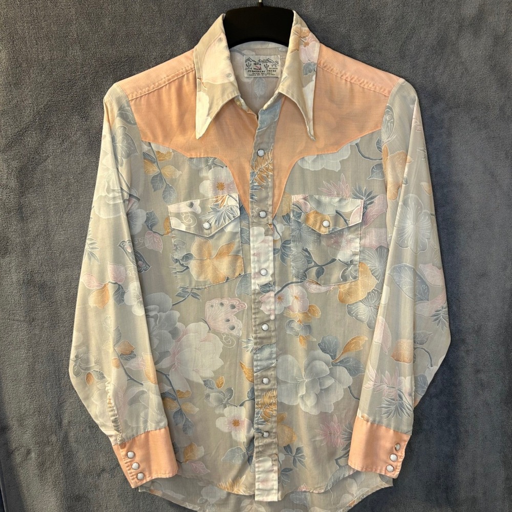 Vintage 70s Triple LLL Womens M Floral Western Pearl Snap Peach Grey Butterfly